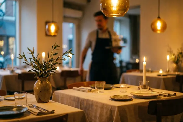 The dining room at Olive & Ash, lit by candles